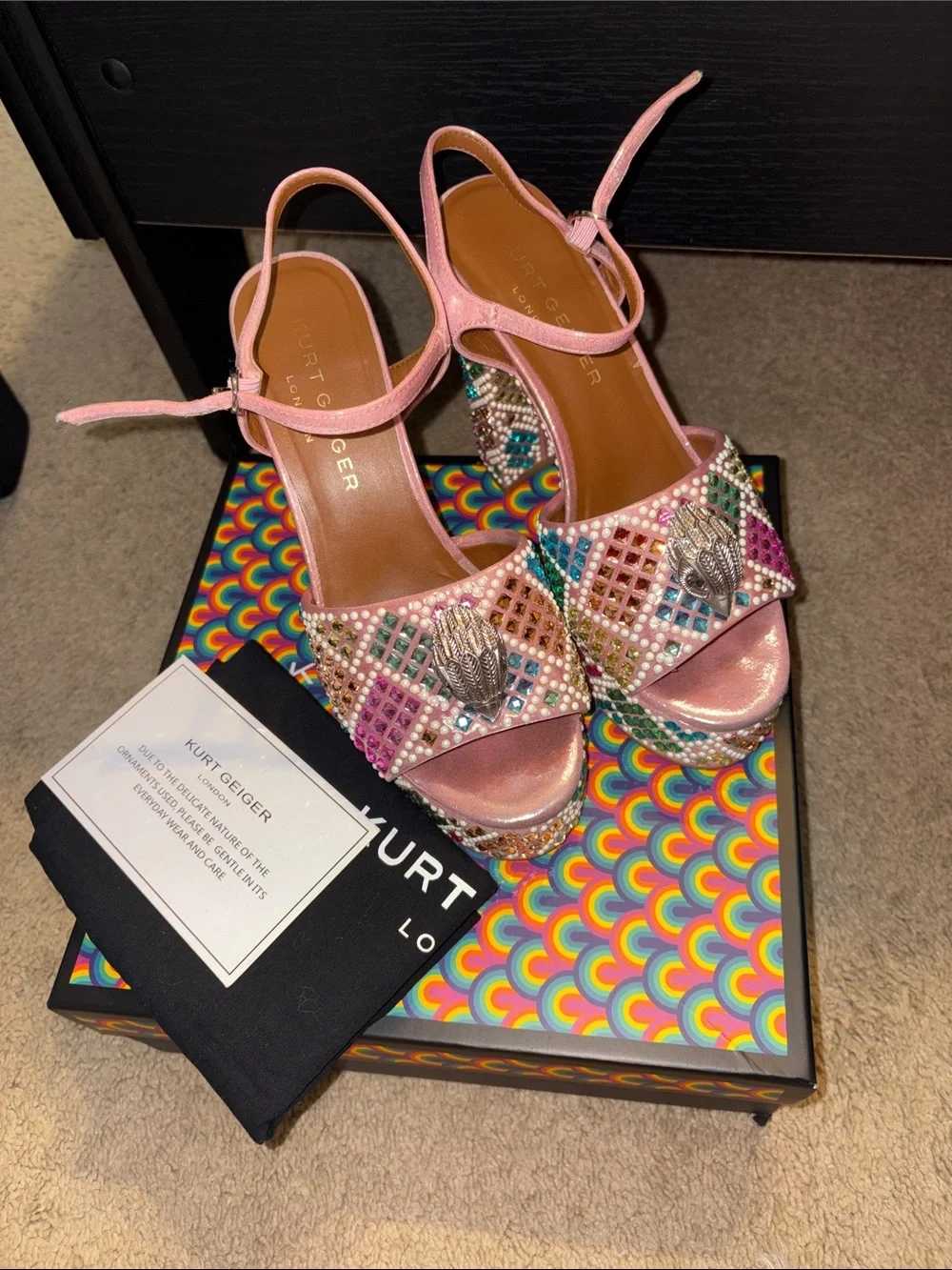 Kurt Geiger Pink Multicolor Crystal Embellished Platform Sandals